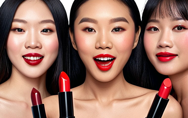 ** A diverse group of people happily using a new line of red lipsticks with shades that complement Asian skin tones. Focus on showcasing the beauty and suitability of the colors.
**